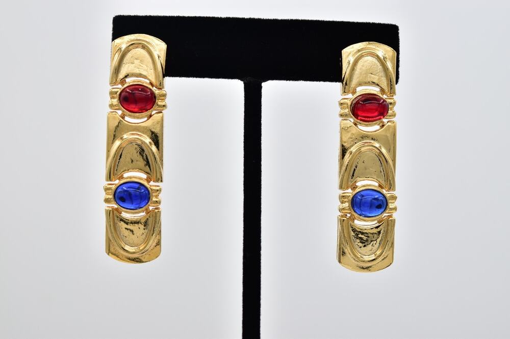 Vintage NOS Gold Red Blue Cabochon Geometric Dangle Earrings Pierced 80s 90s 2"